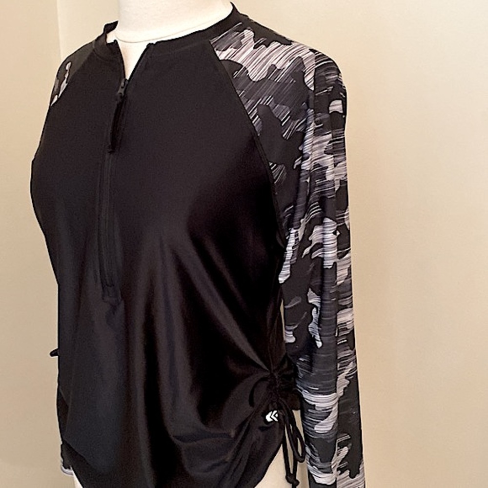 Free Country Black Grey Sun Block Camo Print SZ L UPF 50+ Outdoor Athletic Top - Picture 6 of 14